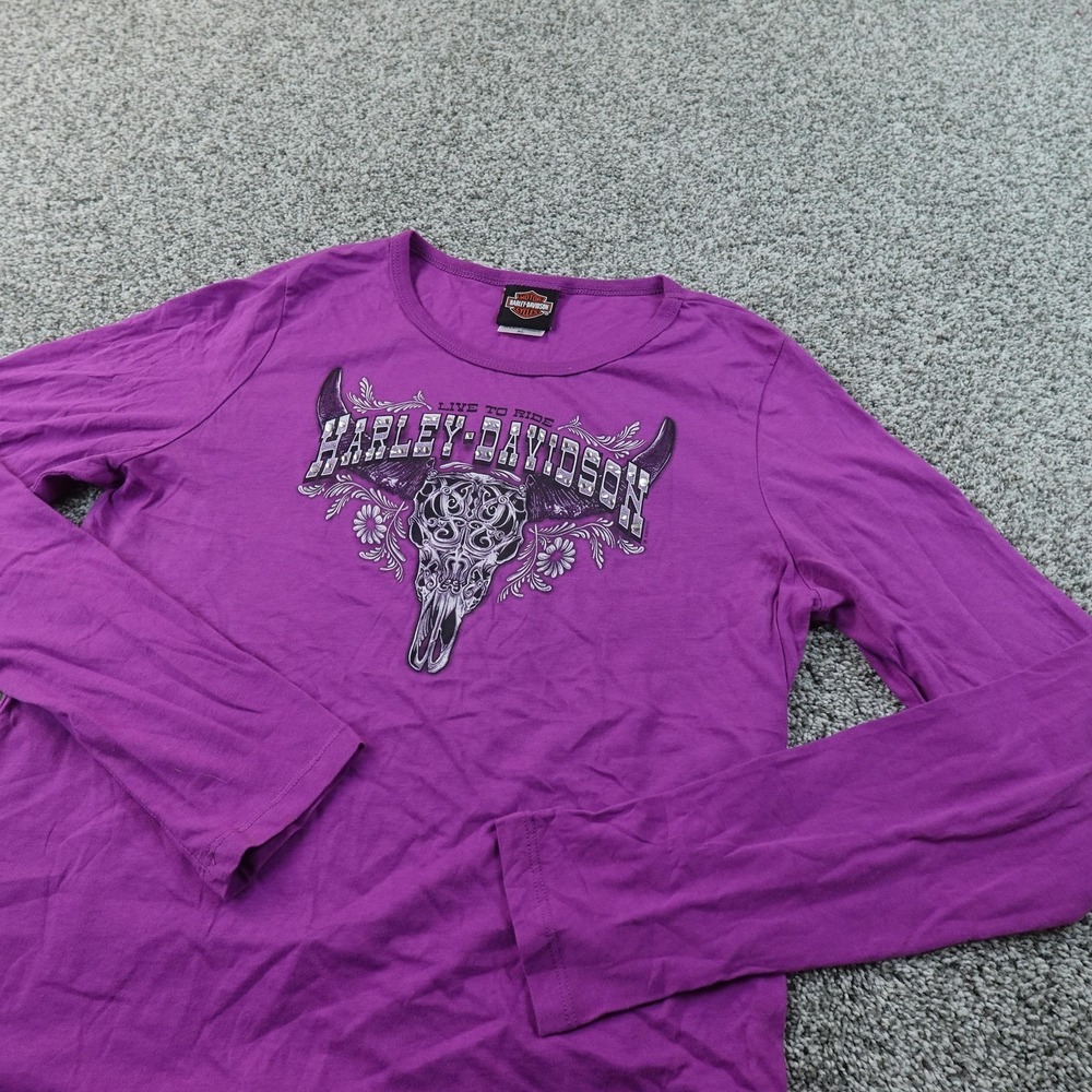 VTG Harley Davidson Shirt Womens XL Purple Long Sleeve Skull Motorcycle Tee USA